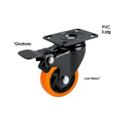 RODO GIRATORIO 3 PLG (76MM) C/FRENO NEGRO CON NARANJA PVC