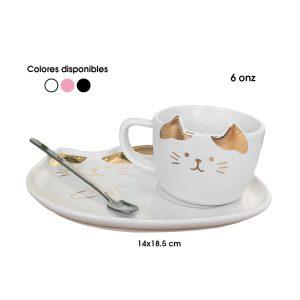 TAZA GATO C/PLATO Y CUCHARITA 6 ONZAS VARIOS COLORES