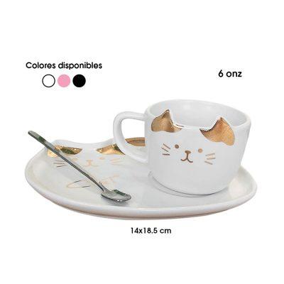 TAZA GATO C/PLATO Y CUCHARITA 6 ONZAS VARIOS COLORES