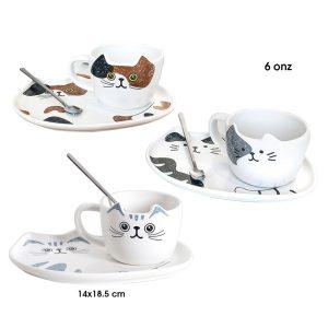 TAZA GATO C/PLATO Y CUCHARITA 6 ONZAS VARIOS COLORES