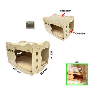 CASA Y RASCADOR P/GATOS DOBLE ENTRADA MADERA MT001B