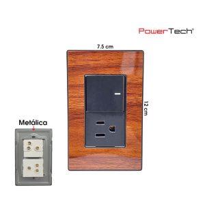 PLACA C/ APAGADOR 3 WAY Y TOMACORRIENTE PREMIUM MADERA POWERTECH