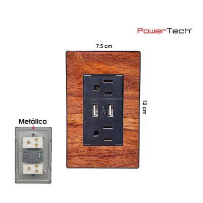 PLACA C/ 2 TOMACORRIENTE Y 2 USB PREMIUM MADERA POWERTECH