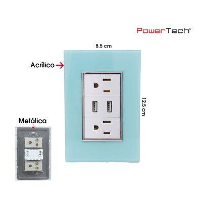 PLACA C/ 2 TOMACORRIENTE Y 2 USB PREMIUM ACRILICO AQUA POWERTECH