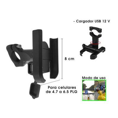 PORTA CELULAR P/MOTO METALICO C/ CARGADOR NEGRO AL TIMON CD-3301 C/CARGADOR