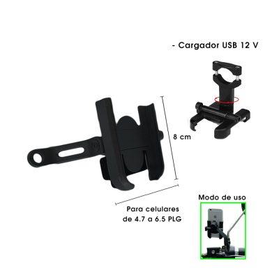 PORTA CELULAR P/MOTO NEGRO C/PATA  METALICO C/CARGADOR
