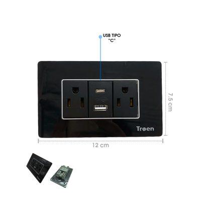 TOMACORRIENTE DOBLE NEGRO C/TIERRA 1 USB /1 TIPO C TROEN