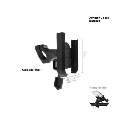 PORTA CELULAR P/MOTO METALICO C/ CARGADOR NEGRO AL TIMON CD-3301 C/CARGADOR