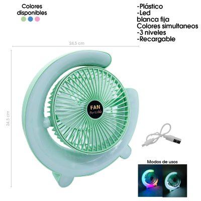 VENTILADOR DE MESA PLASTICO C/LUZ 6 PLG USB RECARGABLE COLORES YDF-F11