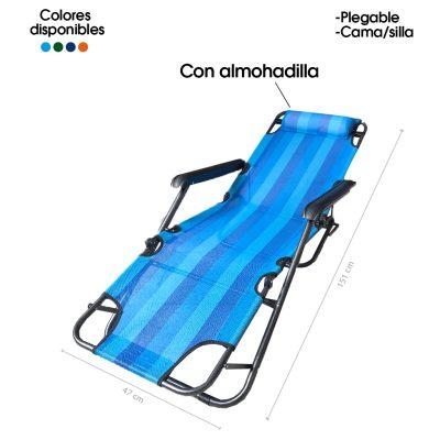 SILLA/CAMA  PLEGABLE PLAYA RAYAS 60X153X21CM 180 LIBRAS C/ALMOHADILLA 1236