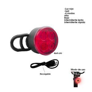 LAMPARA P/BICICLETA REDONDA ROJA USB 4 FUNCIONES