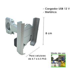 PORTA CELULAR P/MOTO METALICO C/CARGADOR SILVER AL TIMON CD-3301 C/CARGADOR