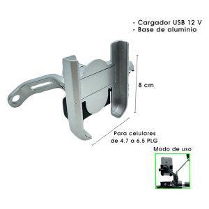 PORTA CELULAR METALICO P/MOTO C/CARGADOR SILVER C/PATA CD-3303-CARGADOR
