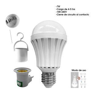 BOMBILLO LED DE EMERGENCIA 7W 6500K LUZ BLANCA 100-240V C/ADAPTADORES